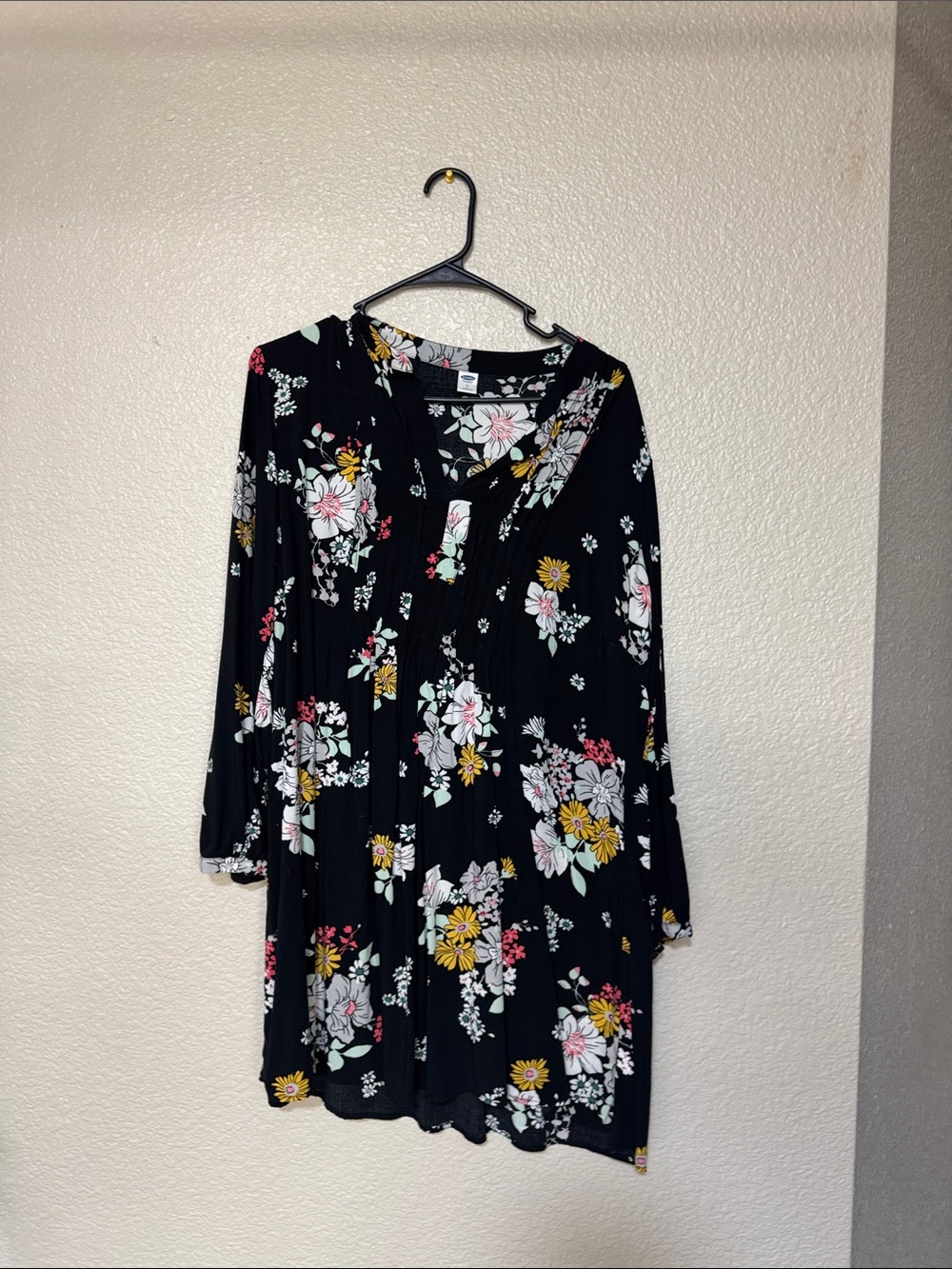 Old Navy Black Floral V-Neck Blouse with Pastel Accents